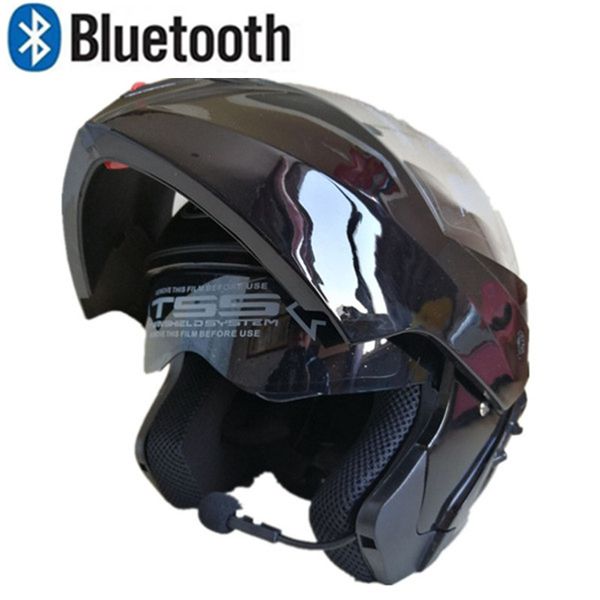 

gloss black bluetooth compatible high performance dual visor, full face street motorcycle helmet with retractable sun shield