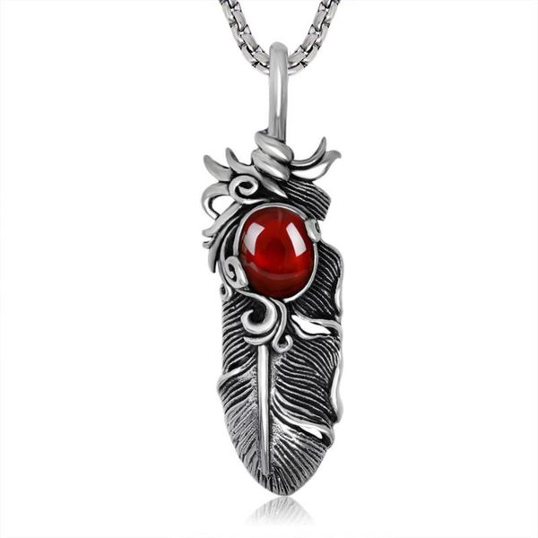 

hemiston stainless steel feather with red zircon necklace 2020 link chain fashion jewelry style bijoux gift for men, Silver