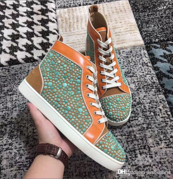 

fashion trainers red bottom genuine leather +magnolia beads spiked shoes sneakers high skateboarding sports casual flat spikes super man, Black