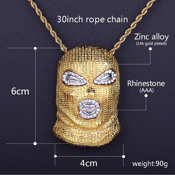 

hip hop csgo pendant necklace punk style bling rhinestone gold silver mask head charm men's rock jewelry gift