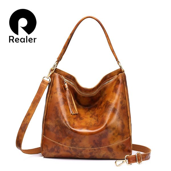 

realer brand women leather handbags female genuine leather shoulder crossbody bag large hobos tote bag with tassel black/brown