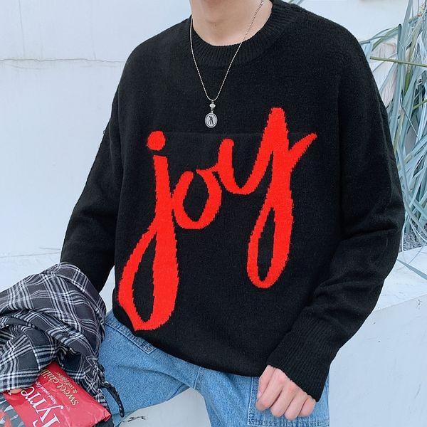 

19 autumn new korean version of the college wind casual personality loose contrast color round neck pullover sweater, White;black
