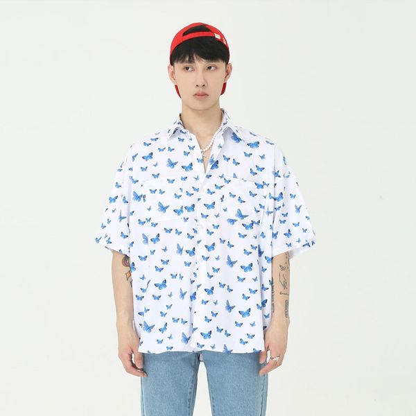

new male streetwear hip hop vintage fashion loose shirts men butterfly print short sleeve casual shirt, White;black