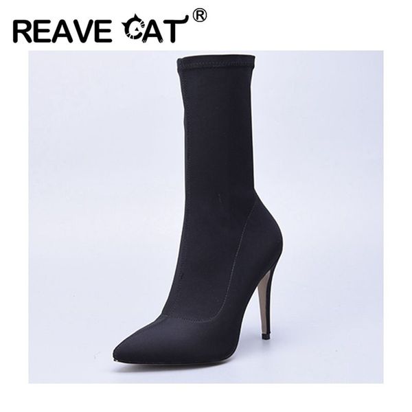

reave cat women sock boots stretch fabric pointed toe ankle boots thin heels 11cm high stiletto zipper big size blue, Black