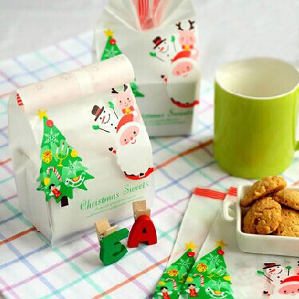 

100pcs plastic gift bags santa claus xmas tree packing bags merry christmas cellophane bag cookie biscuit stand up plastic