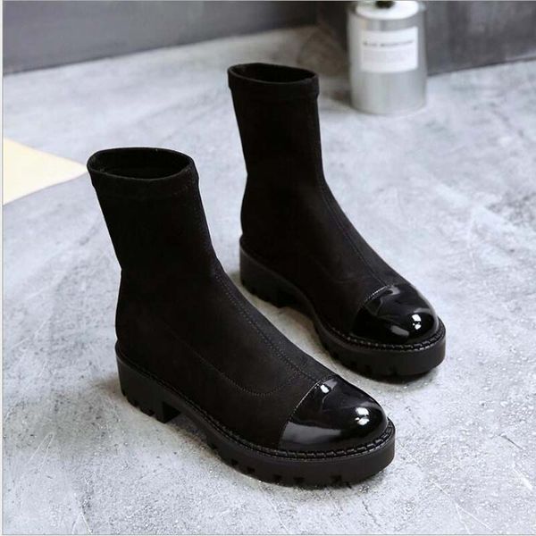

2019 new slim stretch boots for women round toe sock boots square high heel shoes woman fashion bota feminina, Black
