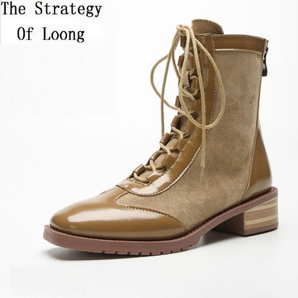 

european style retro slim spring autumn women lace-up square toe high equestrian boots winter ladies plush mid-calf boots 191204, Black