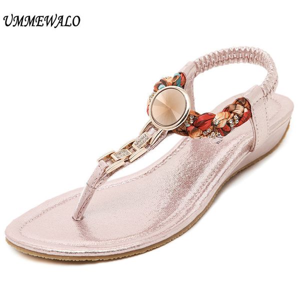 

ummewalo summer sandals women t-strap flip flops thong flat sandals rhinestone metal gladiator sandal shoes zapatos mujer y190704, Black