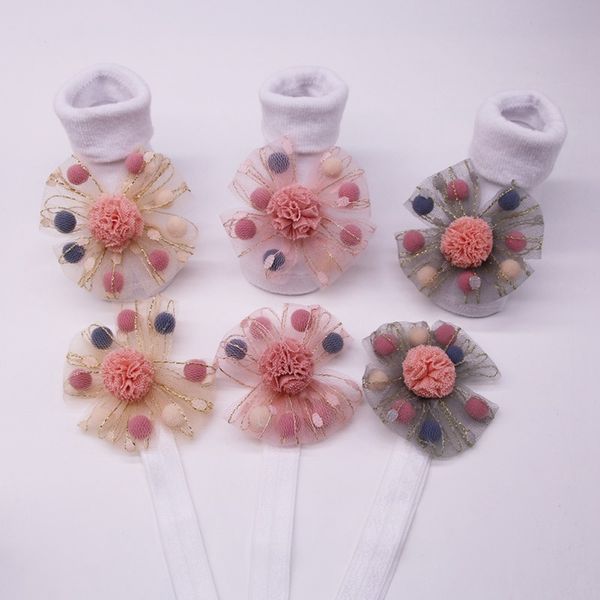 

2019 baby girl's sock mesh flower hair ball baby dispensing non-slip cotton socks + hair band 2 sets, Pink;yellow