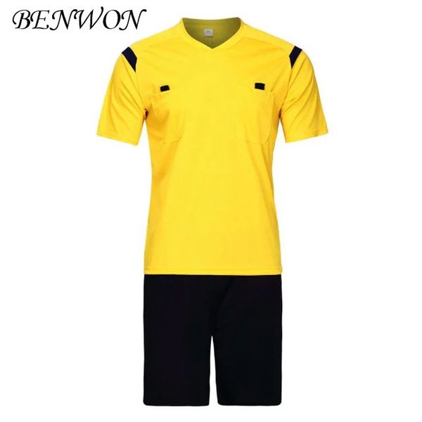 

benwon soccer referee jerseys kit fair play professional competition referee clothing v-neck football judge sets uniforms short sportswear, Black