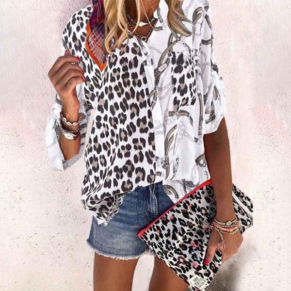 

tunic casual splice women blouse button spring stand up collar elegant fashion daily loose long sleeve leopard print, White