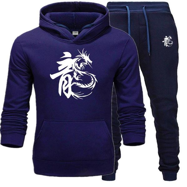 

new 2019 brand chinese dragon tracksuit men thermal underwear men sportswear sets fleece thick hoodie+pants sporting suit hombre, Gray