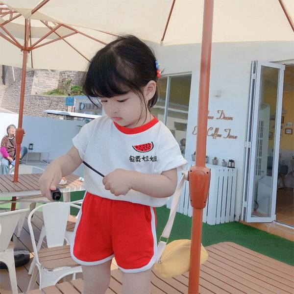 

summer children cute baby boys girls casual short sleeve fruit print t-shirt +shorts costume sets, White