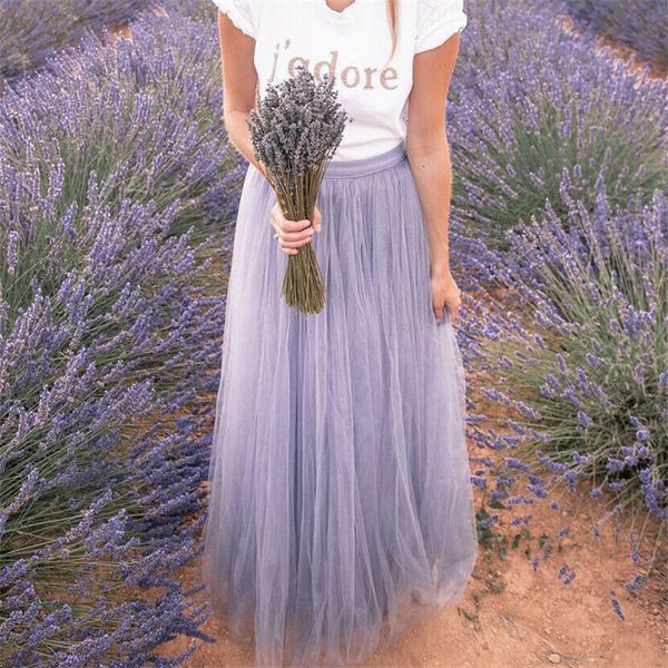 

лето женщины boho двухслойные шифон длинные юбки эластичный пояс кружева тюль юбка новый 2019 ретро элегантная женщина с высокой талией юбки, Black