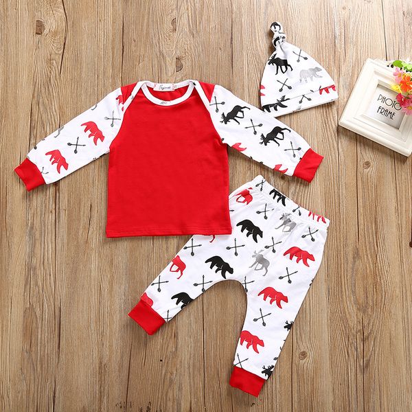 Weihnachts-Säuglingsbaby-Kleidungsset für Neugeborene, Kleinkinder, Rentier, bedruckt, reine Baumwolle, langärmelig, T-Shirt + Hose + Mütze, 3-teiliges Set, lässige Kinder-Outfits