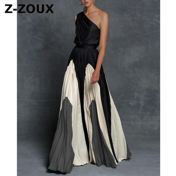 

z-zoux women dress one shoulder color matching maxi dresses high waisted long pleated bohemian dress plus size ladies dresses, Black;gray