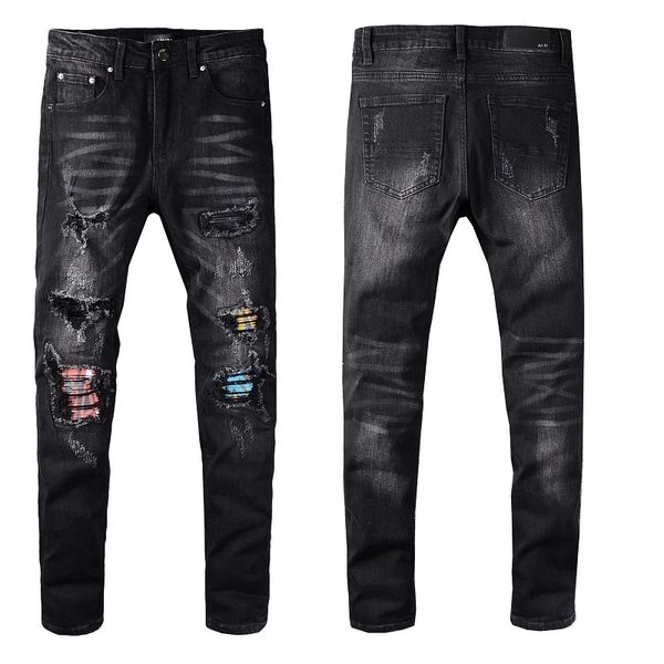 

new arrival mens designer am-jeans slim-leg classic washed holes patch jeans trousers famous brand zipper marbling sale size 29-40, Blue