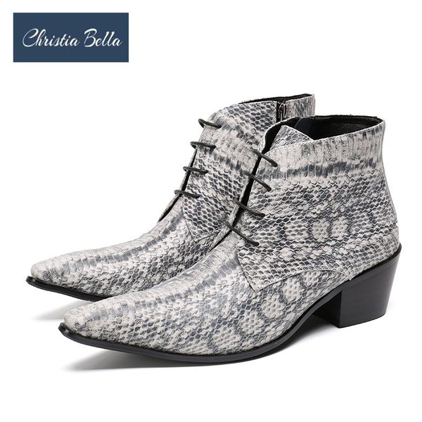 

christia bella winter snake skin men shoes genuine leather boots fashion pointed toe boots large size ankle lace up, Black