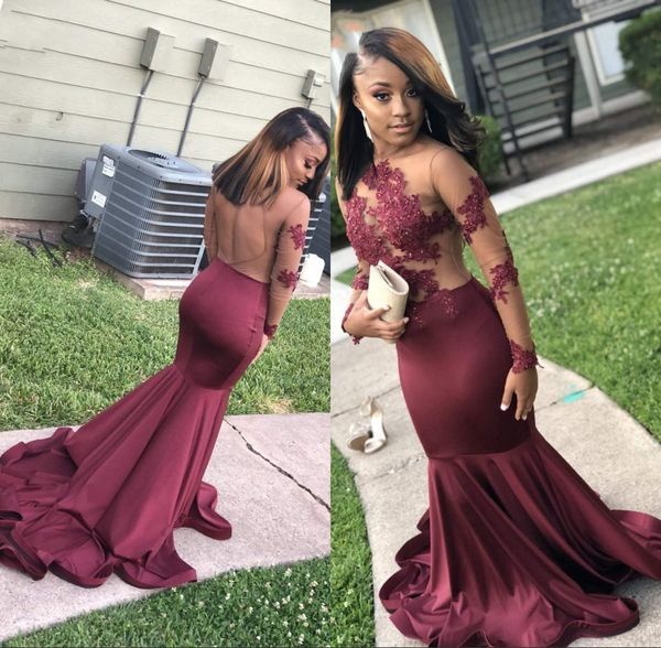 

sheer long sleeve mermaid burgundy prom dresses long 2019 open back lace appliques african black girls formal party gowns, White;black
