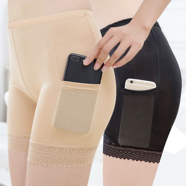 

women slim-fit modal boyshort with pocket summer breathable elastic panties fashion lace solid color seamless safety shorts, Black;pink