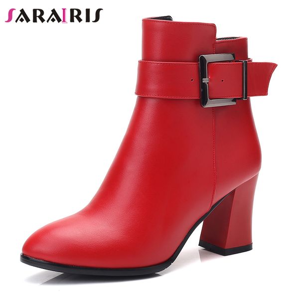 

sarairis new arrival elegant metal decoration booties ladies black ankle boots women 2019 high chunky heels shoes woman