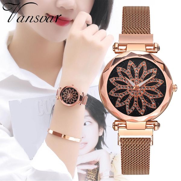 

women simple bracelet watch lucky flower rotating dial quartz clock lady luxury rose gold magnetic mesh women watch, Slivery;brown
