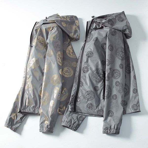 

jacket men's european station autumn and winter new medusa reflective bronzing printing trend casual hooded windbreaker thin coat, Black