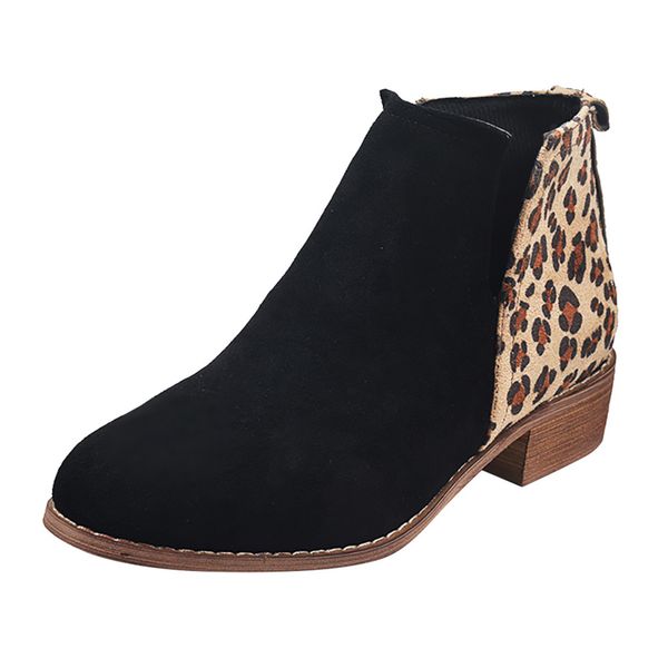 

winter shoes women boots leopard booties for ladies leisure fashion round toe snow shoes thick square heel boots, Black
