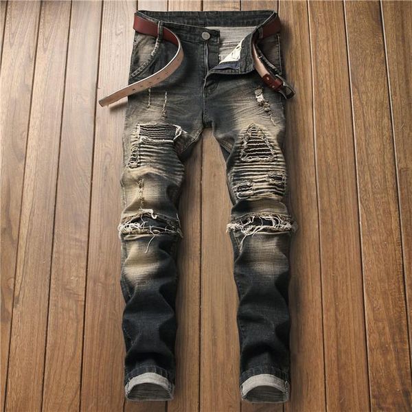 

разорванный мужская мода дизайнерские джинсы straight обычная молния fly кнопка homme одежда soliid цвета повседневная одежда, Blue