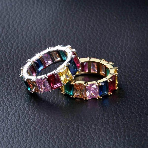 

hip hop men's micro zircon ring colorful square zircon rainbow rings, Golden;silver