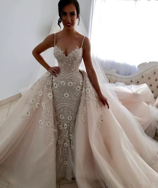 

2019 luxury mermaid wedding dresses spaghetti backless bridal gowns major embroidery crystal wedding dress custom made with detachable train, White