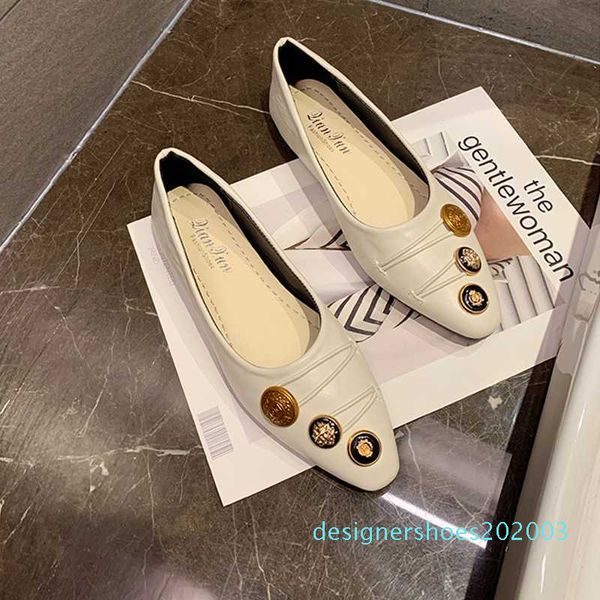 

forenjoy single shoes women 2020 spring new button flat bottom wild grandma shoes pointed shallow mouth women's tide d03, Black