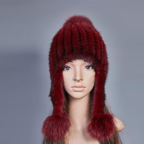 

mink braided hat for autumn and winter warmth preservation new fur mink wool braided hat hair ball big ear protector winter, Blue;gray