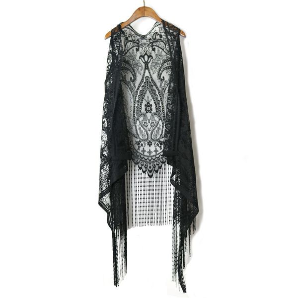 

lace cardigan women vest casual hollow out perspective plus size irregular long beach elegant, Black;white