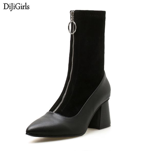 

women shoes autumn zipper black boots casual pointed toe chunky boots fashion women ankle ladies high heel