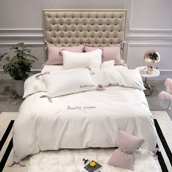 Egyptian Cotton White Pink Bedding Set Girls Bedsheets Duvet Cover