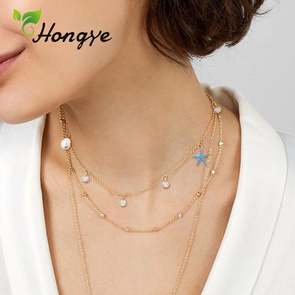 

hongye baroque pearls necklace jewelry fresh summer ladies starfish pendant necklace 14k gold collar chain fashion women jewelry, Silver