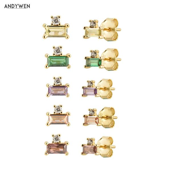 

andywen 100% 925 sterling silver small zircon cz stud earring 10 color mini square piercing ohrringe women rock punk jewelry, Golden;silver