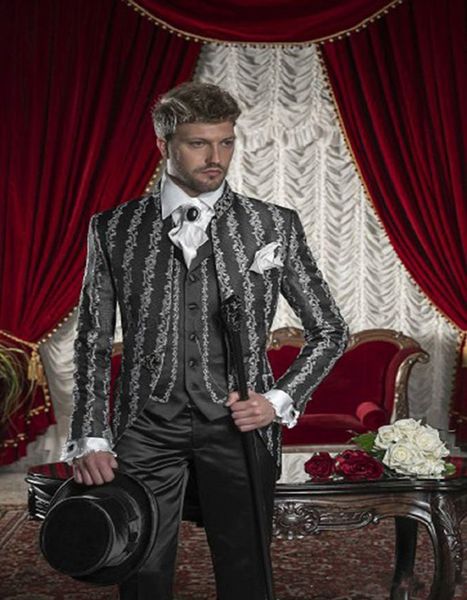 

new popular mandarin lapel embroidery groomsmen one button groom tuxedos men suits wedding/prom man blazer ( jacket+pants+vest+tie) 308, Black;gray