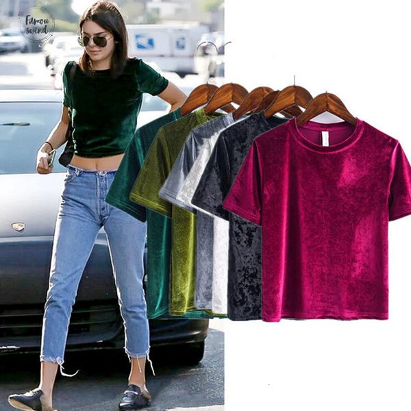 

good quality t shirt velvet women fashion back split velour cropped short sleeve woman casual tee, White