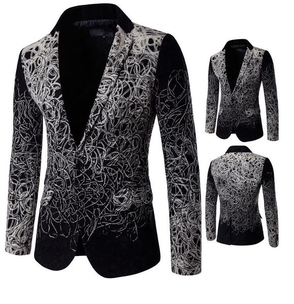 

disa floret suits blazer men design pattern black acting suit long sleeve turn down collar single breasted mens dress blazer ship, White;black