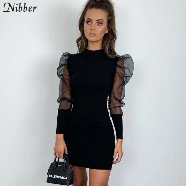 

nibber black see-through mesh long-sleeved elegant bodycon dress women 2019slim office ladies stretch slim soft mini dress mujer, Black;gray