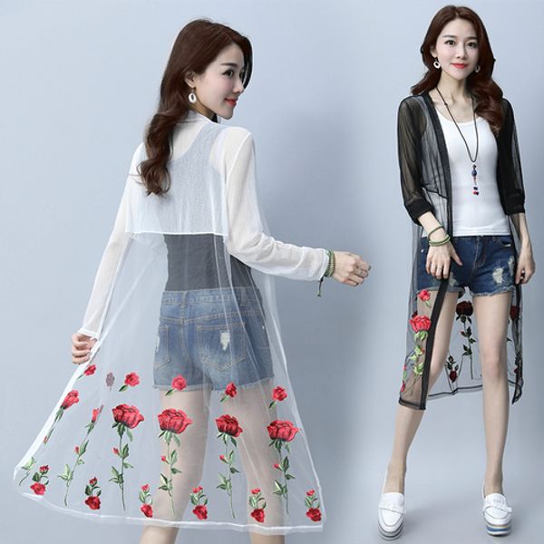 

casual full mesh sun protection clothing open stitch outwear slim rose embroidery long coat loose elegant perspective coats, Tan;black