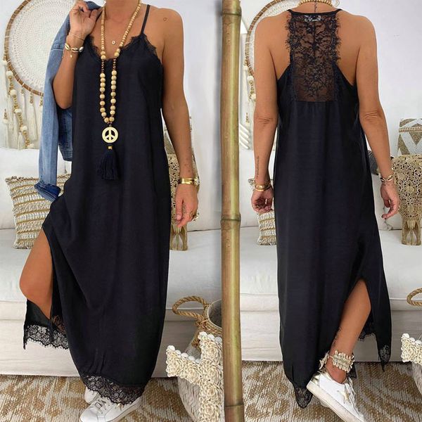 

black lace patchwork strap maxi dress v neck sleeveless side split women summer dresses casual beach dress loose robe femme, Black;gray