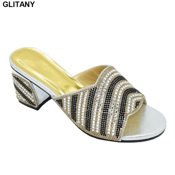 

new arrival italian women wedding shoes decorated with rhinestone latest women shoes block heel african party pumps, Black