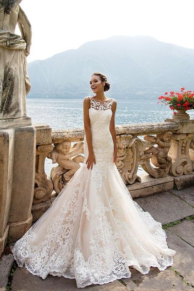 

milla nova amalia урожай русалка полное кружева свадебное платье sexy аппликация crew neck иллюзия backless бич свадебное платье свадебные п, White