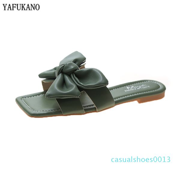 

summer new korean fashion square toe butterfly-knot slides simple comfort flat heel womens slippers vacation casual beach shoes c13, Black
