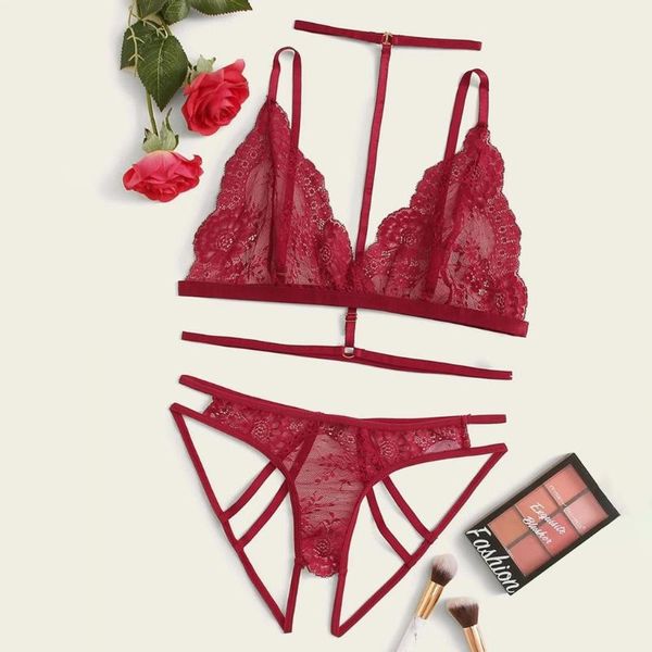 

3pcs lingerie erotic women bra & brief sets floral lace lingerie bra underpant set babydoll sleepwear underwear, Red;black
