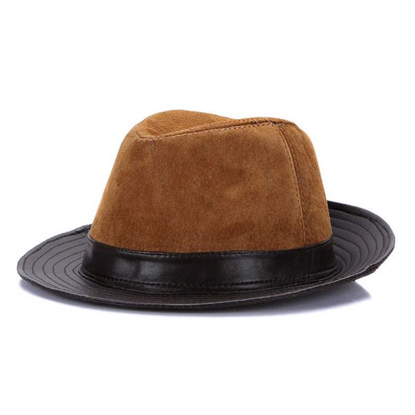 

autumn winter large brimmed hat stylish leather sheep skin leather hat men fedora street cool cowboy hat, Blue;gray