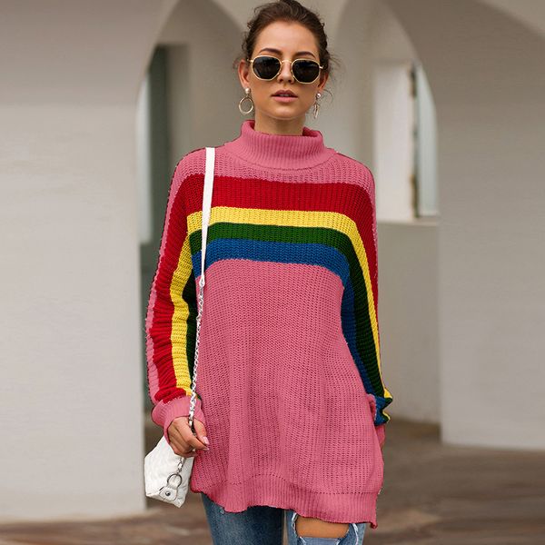 

2019 fashion women knitted sweater colorful stripes turtleneck long sleeve loose warm rainbow jumper pullover knitwear mujer, White;black
